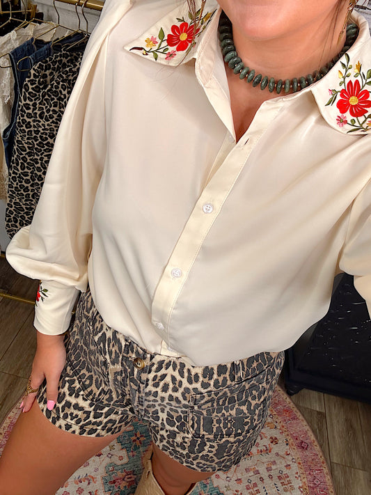 Ivory Floral Collared Blouse
