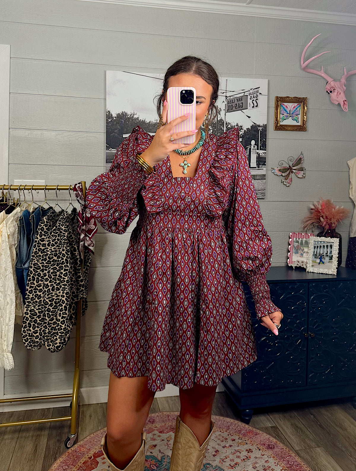 Notched Ruffle Cotton Mini Dress