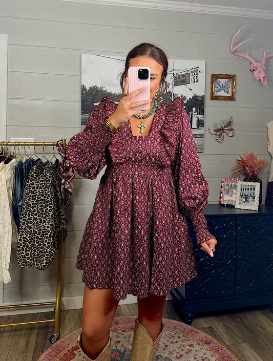 Notched Ruffle Cotton Mini Dress