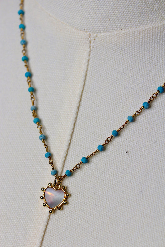 Turquoise Rosary + Heart Necklace