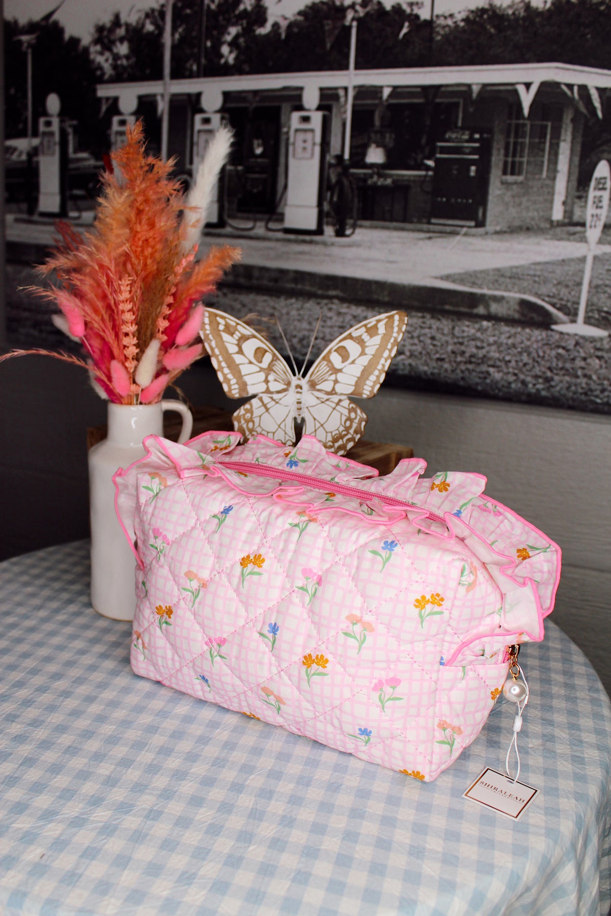 Floral Pink Gingham Large Pouch