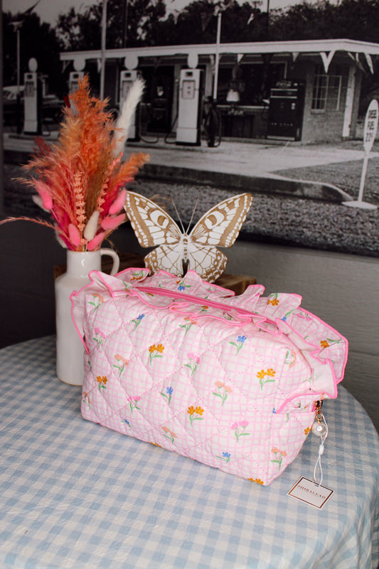 Floral Pink Gingham Large Pouch