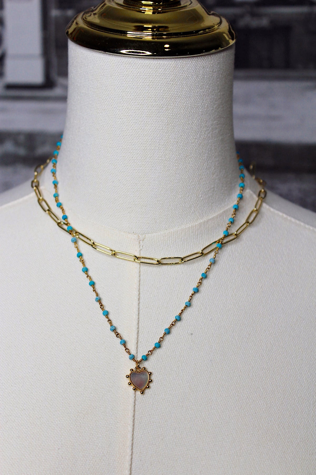 Turquoise Rosary + Heart Necklace