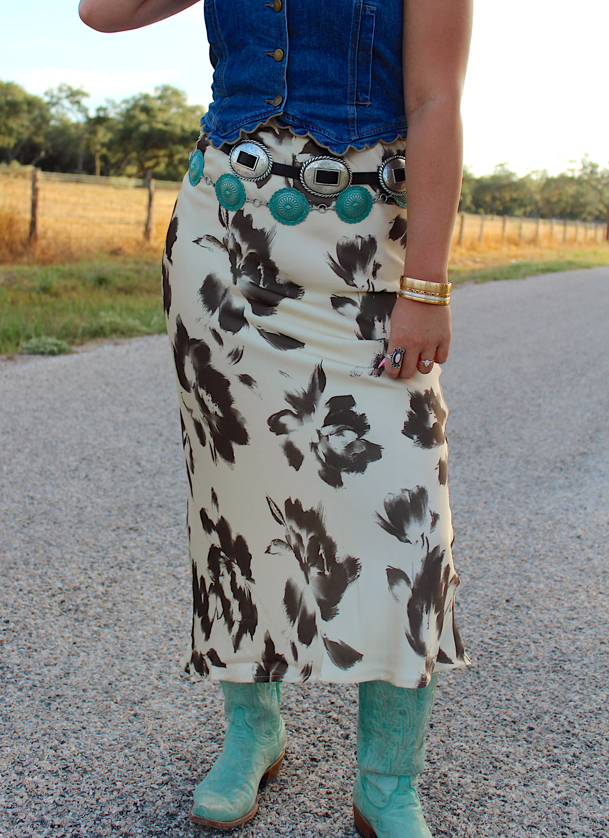 Cowtown Floral Midi Silk Skirt