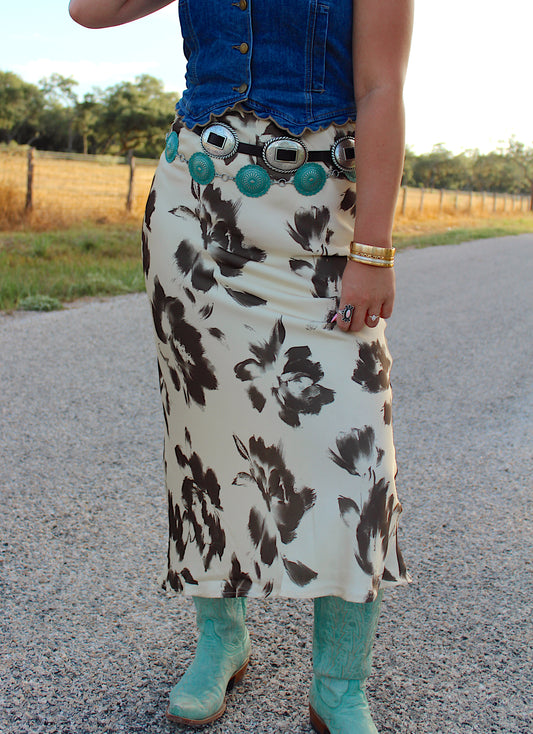 Cowtown Floral Midi Silk Skirt