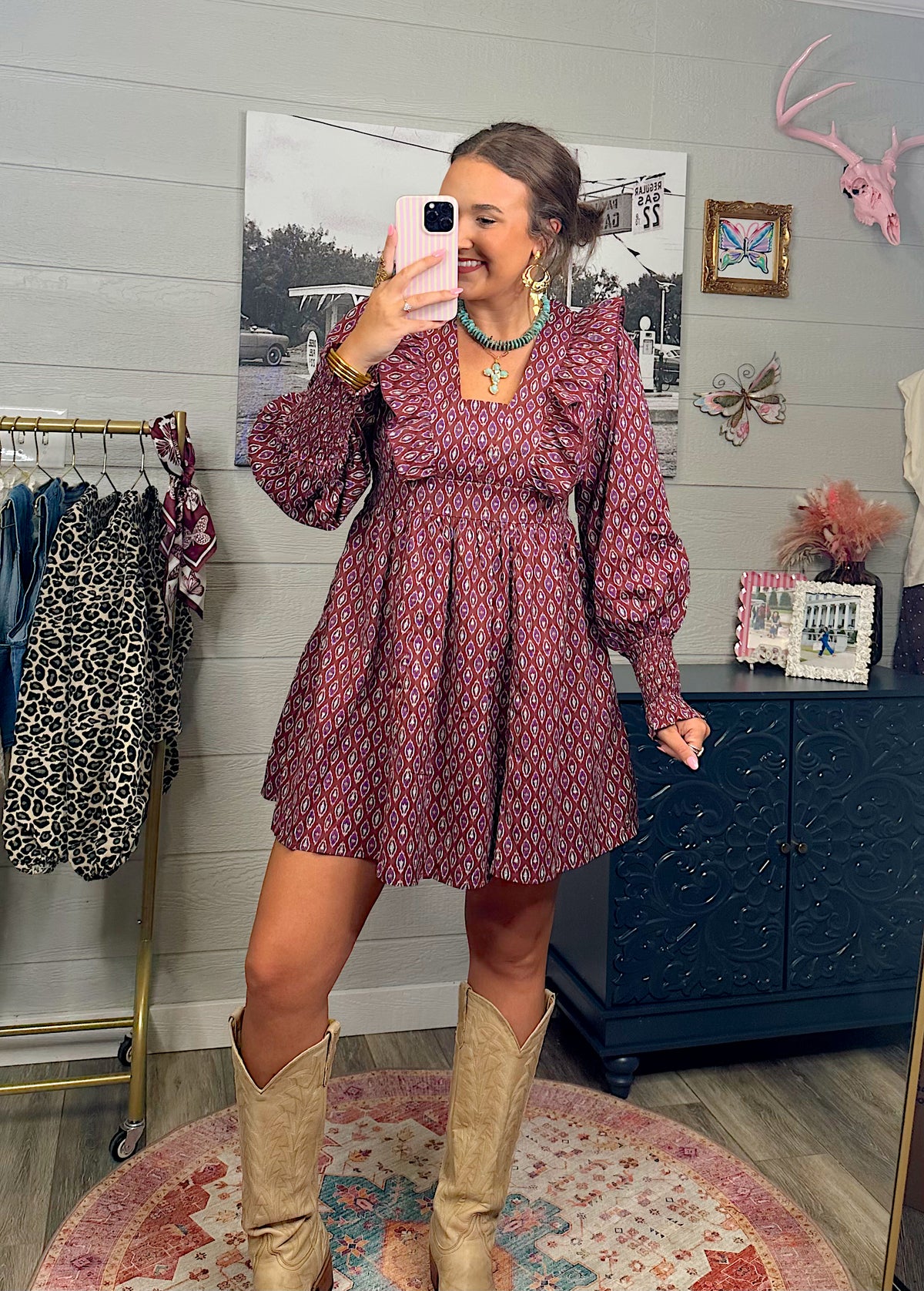 Notched Ruffle Cotton Mini Dress