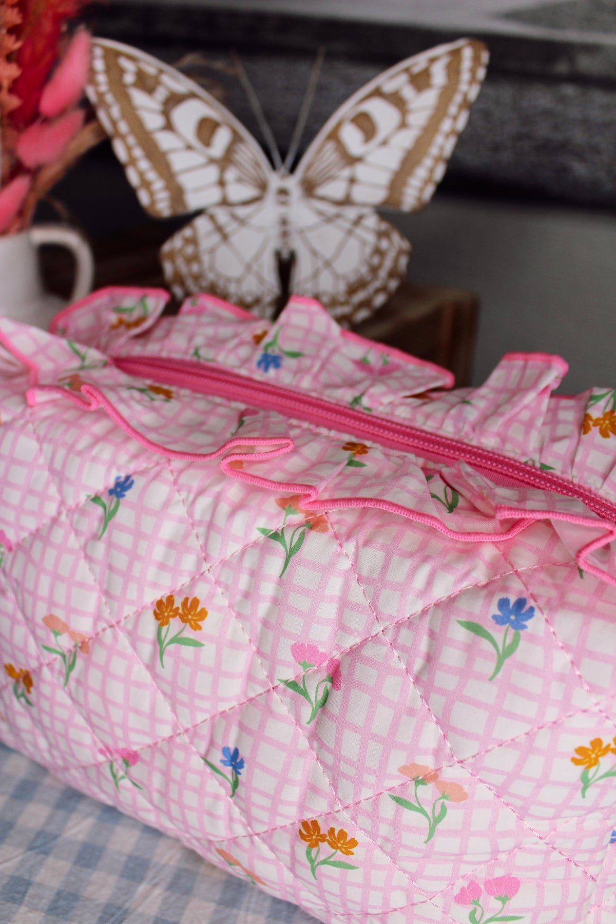 Floral Pink Gingham Large Pouch