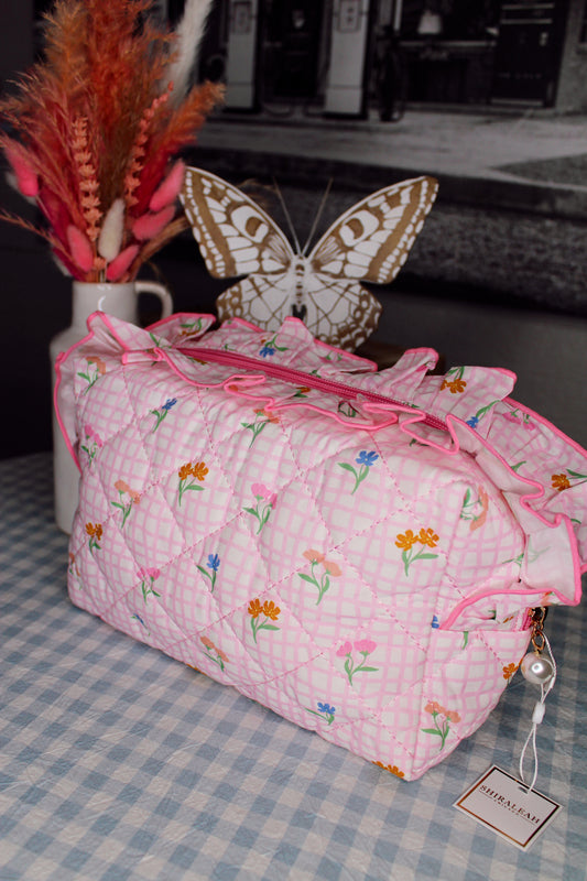 Floral Pink Gingham Large Pouch